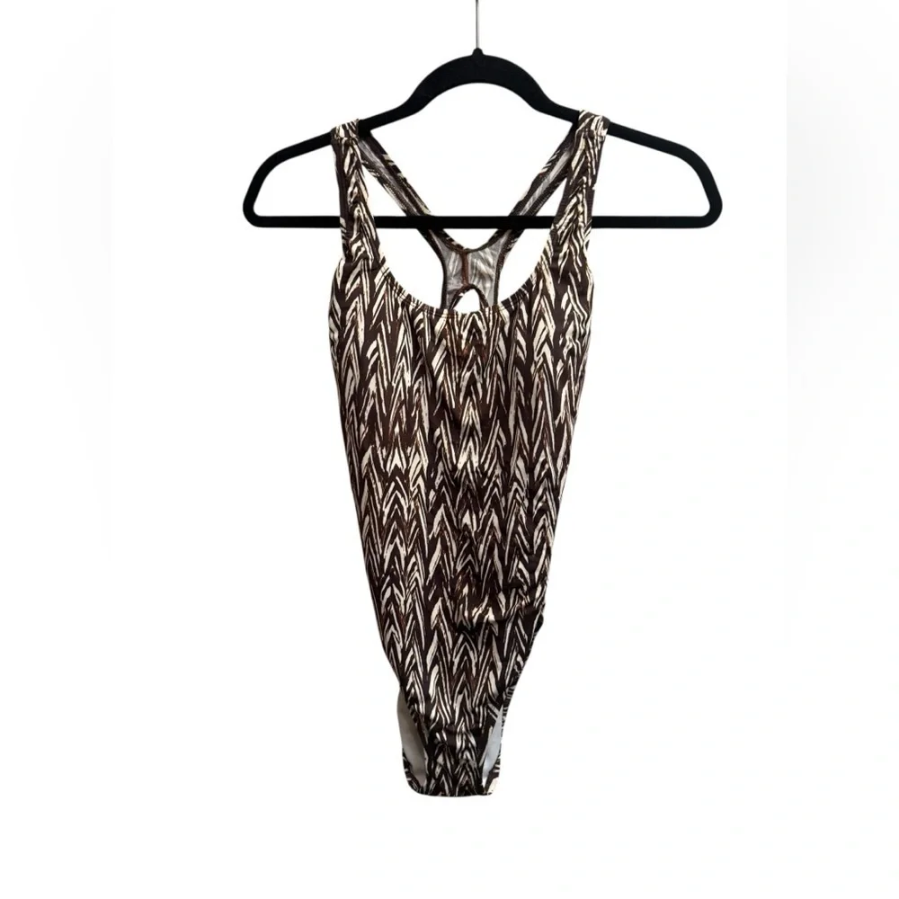 SPEEDO Endurance Women's Chevron One-Piece Swimsuit Brown Tan Racer SZ 6 EUC